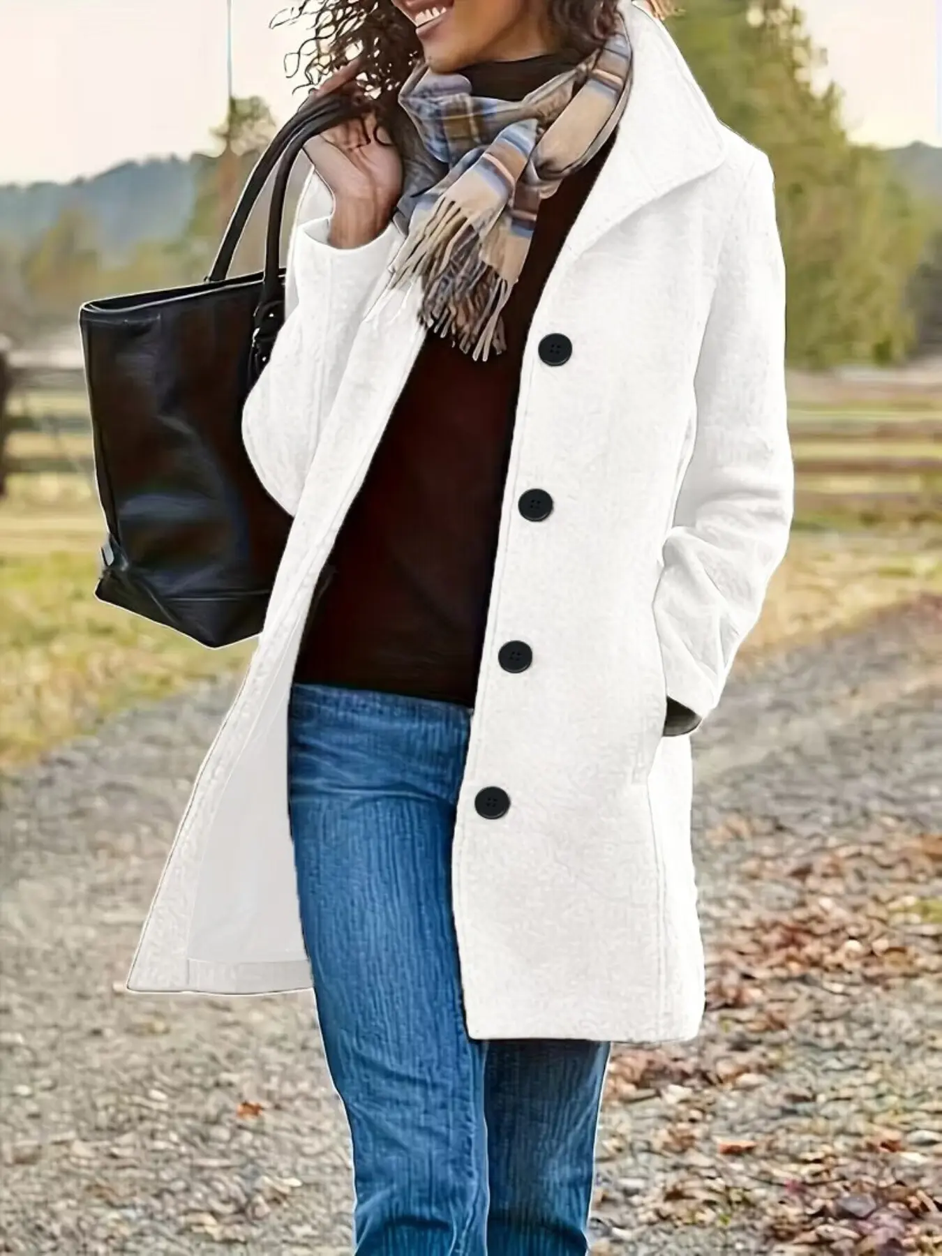 Women's Plain Woolen Coat with Lapel and Pockets, Mid-Length Stylish Lightweight Outerwear for Fall & Winter, Elegant Ladies Jacket