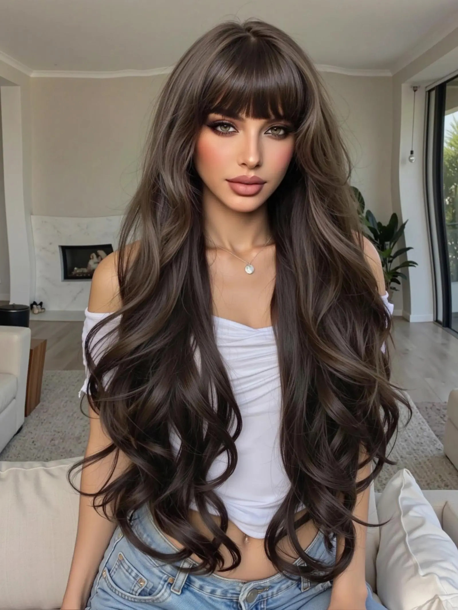 Long Wavy Synthetic Hair Wig for Women, 30 Inch with Bangs, Smooth and Natural Texture for Parties and Everyday Use, Synthetic Material Wigs, Synthetic Fiber Wig