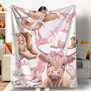 Cowgirl Pink Bow Highland Cow Flannel Blanket Western Boots and Hat Print Soft Cozy Lightweight Warm Throw Perfect for Bedroom Sofa Living Room Farmhouse Gift Decor tiktokshopspringglowup