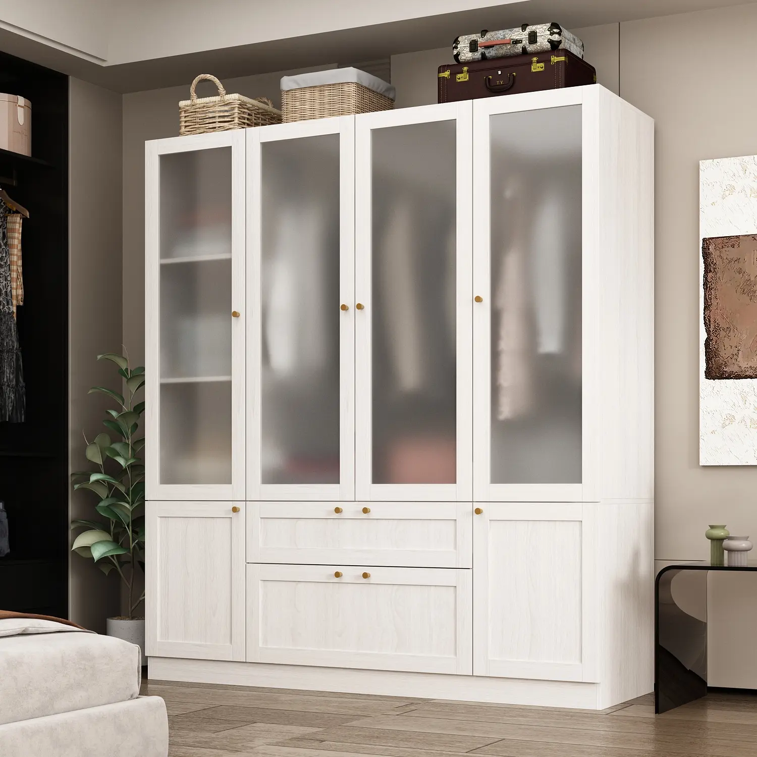 FUFU&GAGA Wooden Freestanding Wardrobe Armoire - 4 Frosted Glass Doors, 2 Drawers, Hanging Bar, Shelves, Particle Board, Durable for Daily Use, Modern Bedroom Armoire Wardrobe Closet for Closet Storage, Apartment Furniture, Sturdy