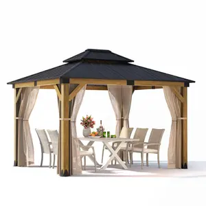HOMPUS Cedar Wood Gazebo, Outdoor Hardtop Gazebo with 2 Tier Galvanized Steel Roof,Netting & Curtains,Wooden Gazebo Pavilion