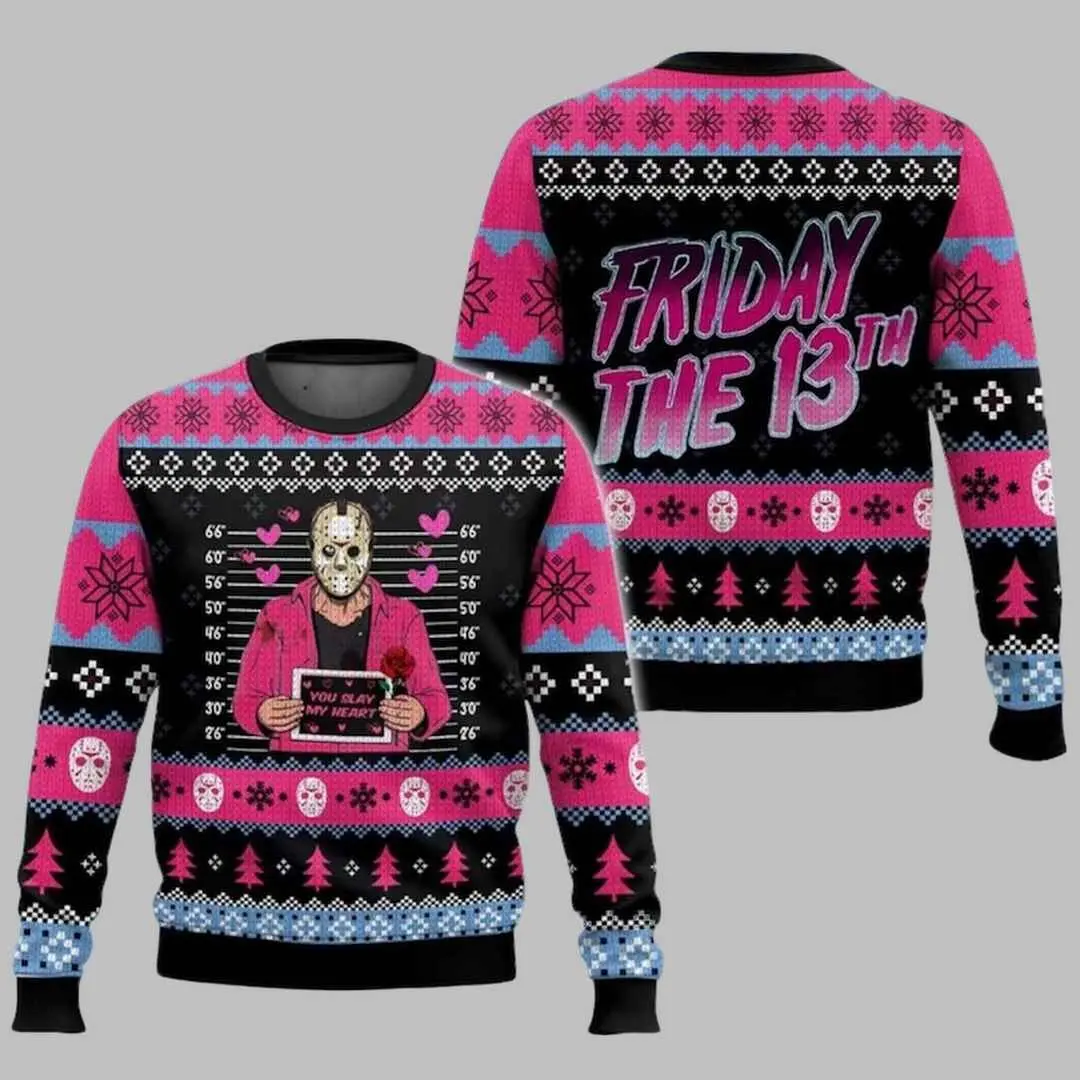 Friday The 13th Jason Ugly Christmas Sweater Funny Horror Mugshot You Slay My Heart Xmas Pullover Unisex Streetwear Casual Warm Gift For Men Women Fall Winter Holiday Party Wear