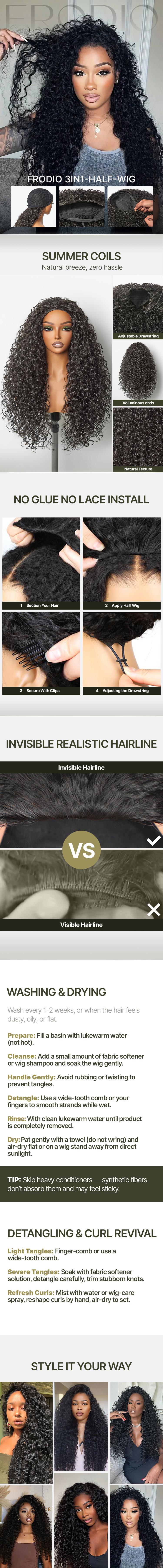 [Blend] Frodio 26" Veralux™ Blend Human Hair 3in1 Half Wig Curly Hair Ready To Wear Shaggy Waves Big Hair Curly Hair Wig