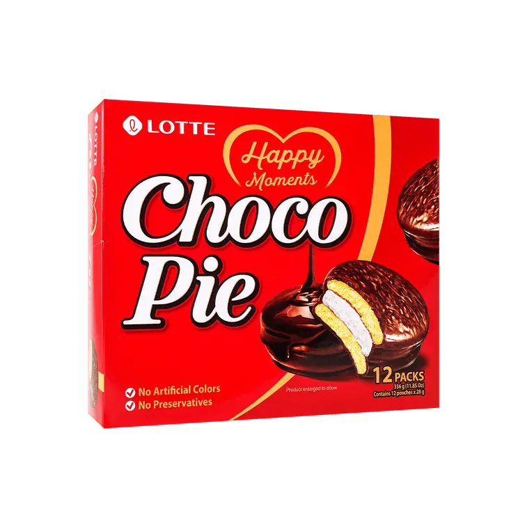 Lotte Choco Pie Chocolate-Flavor Ambient Snack Cakes - 28g x 12 Pack, 20% Sugar Chocolate Covering, Marshmallow-Filled Dessert Sandwich, Nostalgic Treat for All Ages