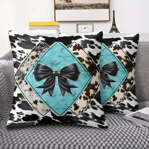 Turquoise Diamond Shaped Digital Print Throw Pillow, Home Decorative Cushion, with Black Bow, Soft Durable Fabric, Black & Brown Cowhide Patterns, Vintage-Inspired Home Décor, 45cm Square Includes Pillow Insert