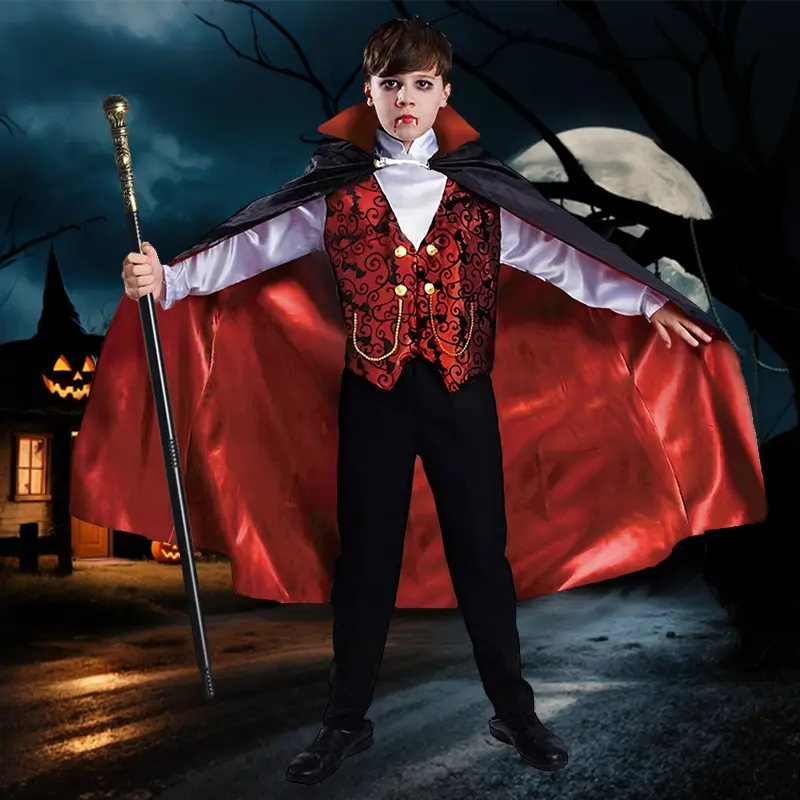 Boys Vampire Costume Set Halloween Party Vampire Cosplay Outfit with Cape Shirt Pants & Cane Kids Dracula Costume for Themed Parties hemed Party Role Play Outfit Halloween Party Costume for Kids Ages 3 to 12 Gift for Boys Girls Fun Dress Up Game