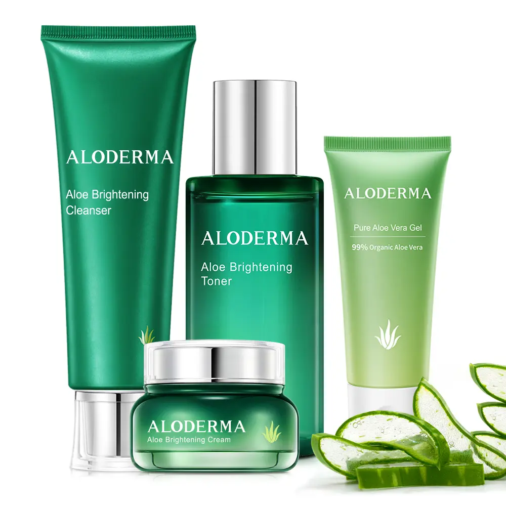 Aloderma Essential Aloe Brightening 4-Piece Skin Care Set - Cleansing Cleanser, Moisturizing Toner, Smooth Gel, Restore & Skin Repair Cream, All Skin Types