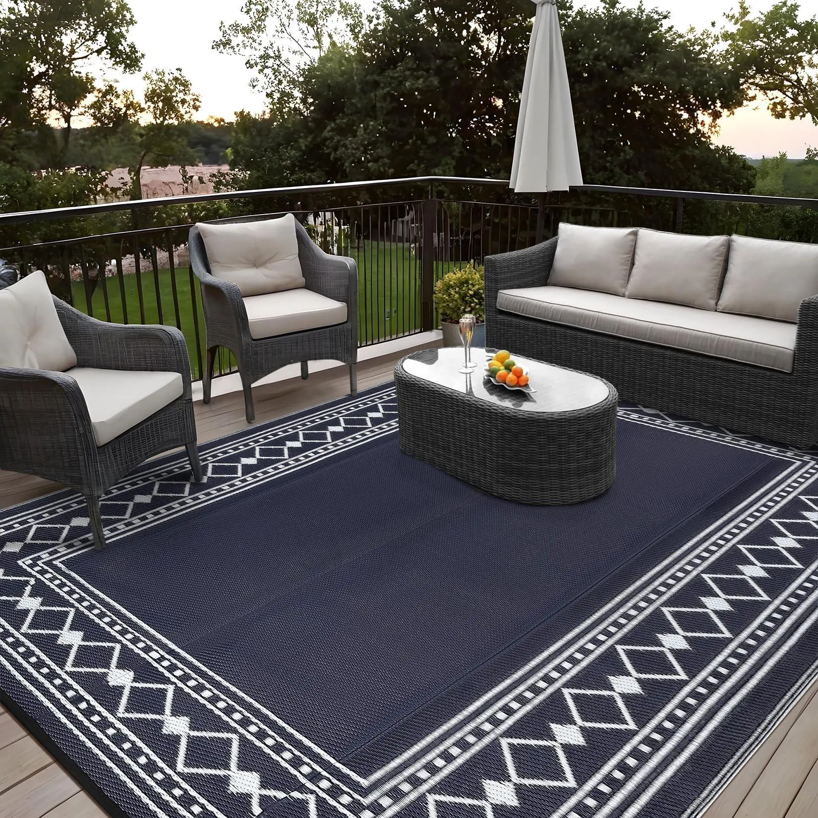 Outdoor Rug 10x20 for Patios Clearance,Waterproof Mat,Large Outside Carpet,Reversible Plastic Straw Camping Rugs,Porch,Deck,Balcony,Backyard,Black Blue/White