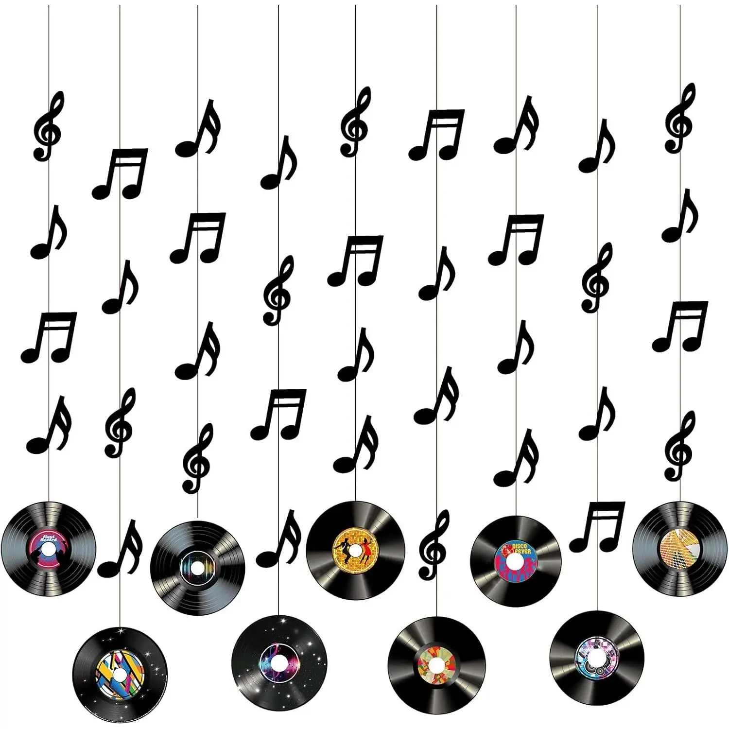9-Piece Vintage Black Retro Rock and Roll Music Themed Party Decorations Set - Large Size Double Print 80cm/31.5in Card Stock Vinyl Records, Music Notes Banners, Hanging Cutouts, Trees, Wall Decor for 50s-70s Birthday Parties, Holiday Ornaments