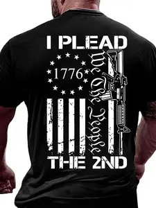 American 1776 Freedom Print Tactical Cotton T-Shirt, 2nd Amendment Theme, Casual Loose Fit Short Sleeve, Trendy Top
