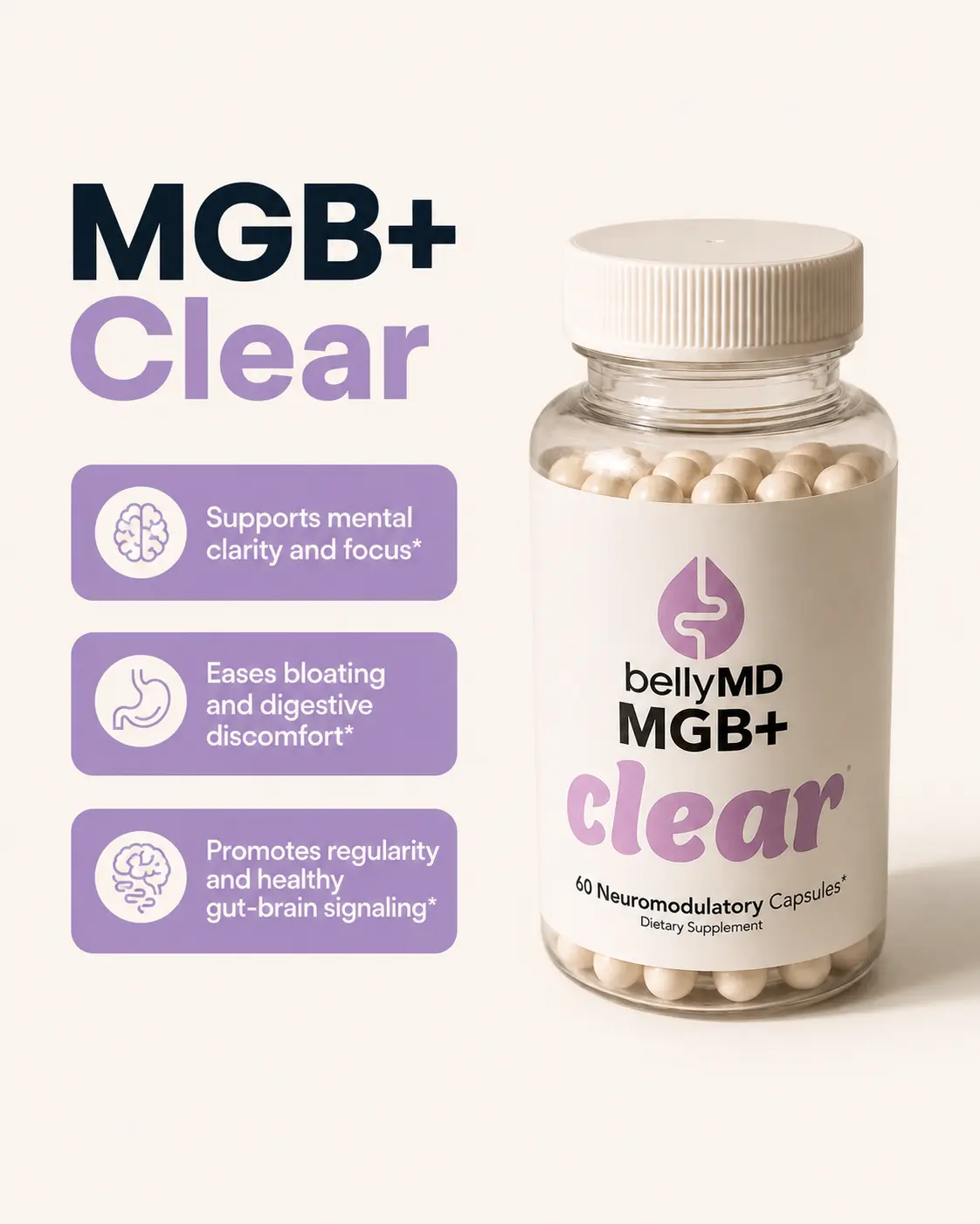 MGB+ Clear Gut-Brain Axis Supplement | PEA, Magnesium Glycinate, Lipid-Soluble B1, Saffron & Artichoke Leaf | Bloating & Brain Fog Support | Physician-Formulated, 60 Capsules by BellyMD
