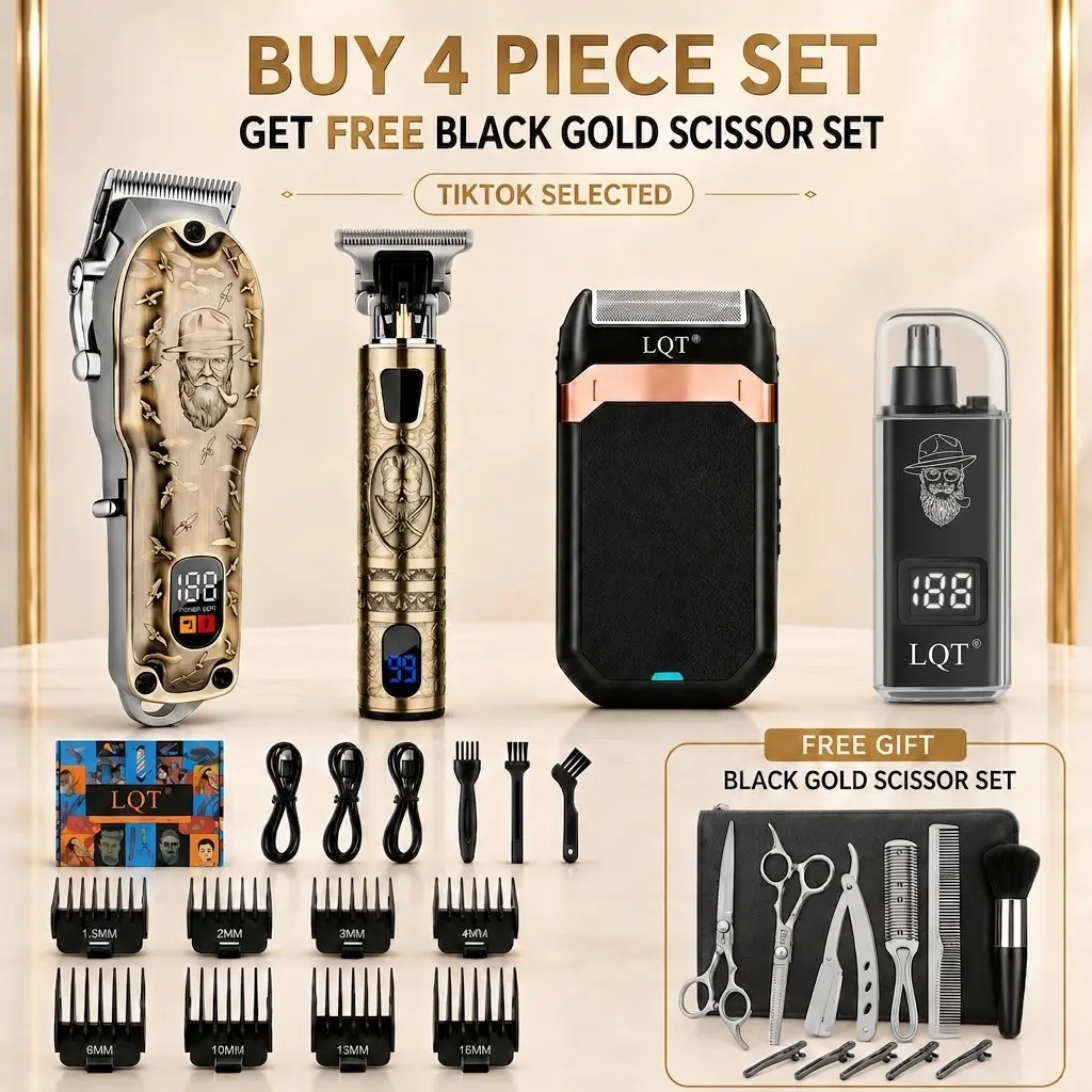 LQT Ultimate Barber Kit: 4in1 Professional Hair Clipper Set with Free Shear Set(11pcs), Hair Clipper,  Trimmer,  Shaver & Nose Hair Trimmer, Cordless with LED Display, Complete Accessories, Precision Blades -  Men’s Grooming Kit, Father's Day Gift