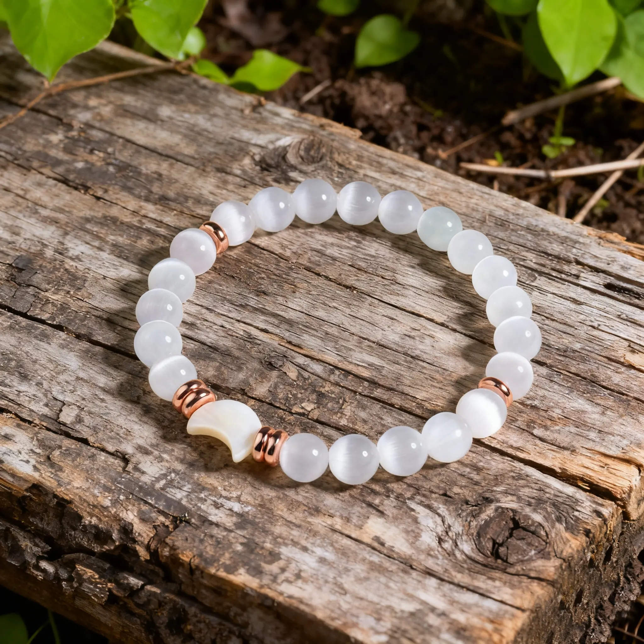 Unisex 8mm Crystal Bracelet with Moon Phase Charm, Mother of Pearl & Selenite Material, Adjustable 6.5-8 Inches Fashion Costume Jewelry Accessory