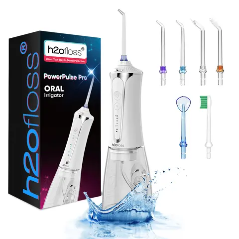 H2ofloss Cordless Portable Oral Irrigator (Water Flosser) P11-White - 300ML Watertank, IPX7 Waterproof, 5 Modes, Rechargeable, 7 x Replacement Heads, At Home Dental Care, Gingivitis Prevention, Sohochic