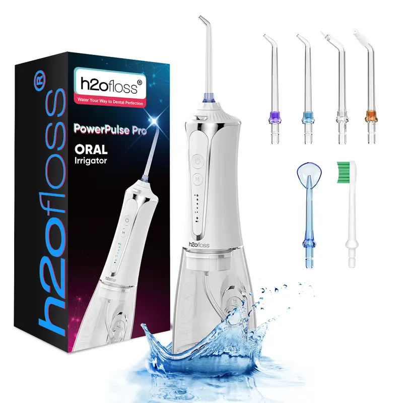 H2ofloss Cordless Portable Oral Irrigator (Water Flosser) P11-White - 300ML Watertank, IPX7 Waterproof, 5 Modes, Rechargeable, 7 x Replacement Heads, At Home Dental Care, Gingivitis Prevention, Sohochic