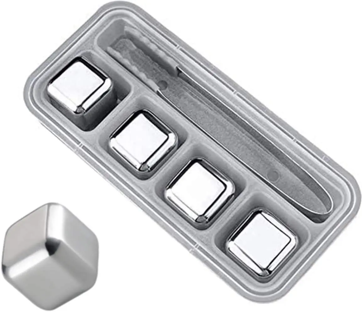 4Pcs Stainless Steel Ice Cubes, Reusable Cooling Whisky Rocks Metal Ice Cubes Chilling Stones with Ice Tong & Freezer Storage Tray for Whiskey, Wine, Beer, Juice or Soda