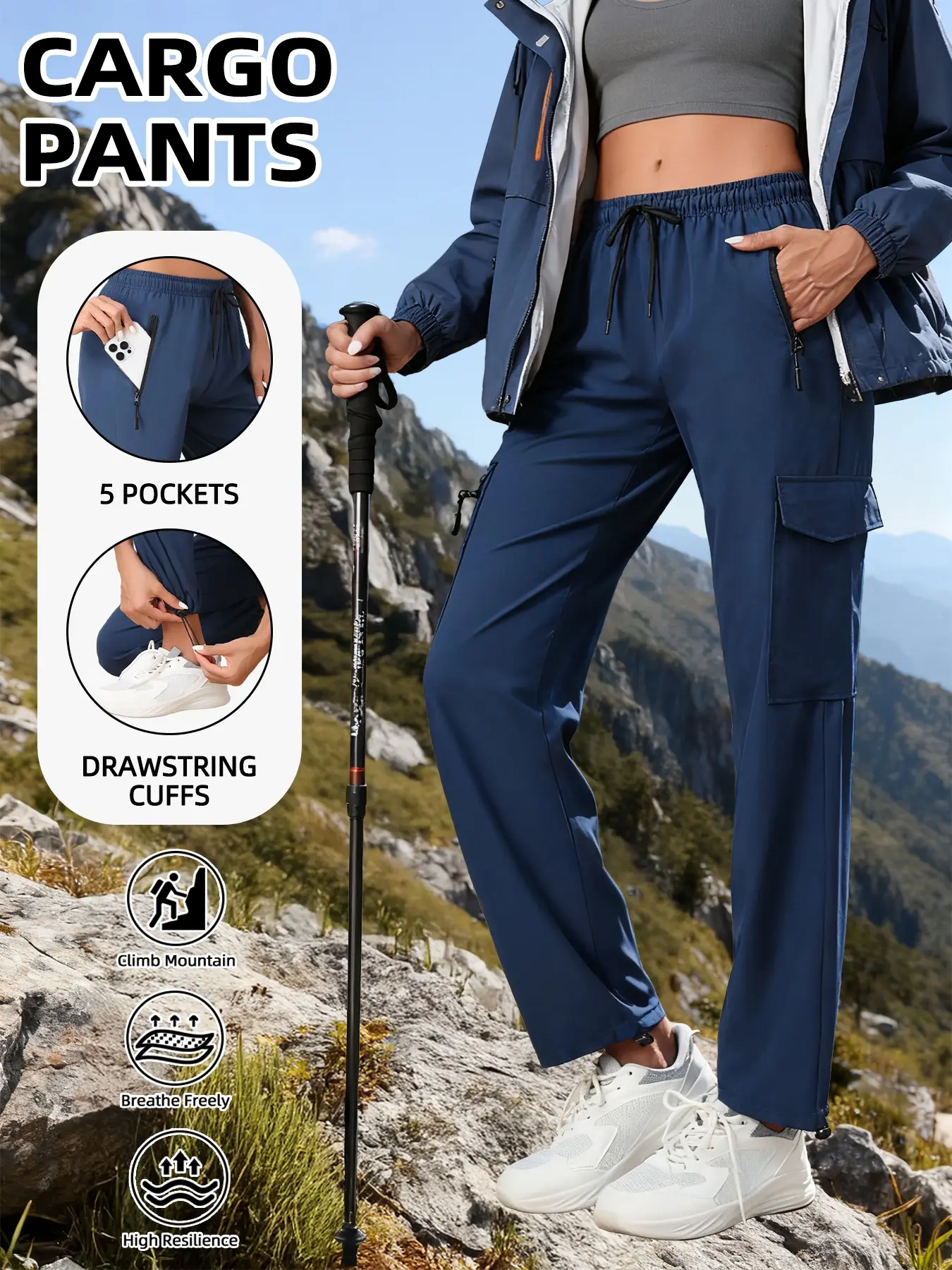 Women's Hiking Pants Quick-Dry Lightweight Waterproof Cargo Pants, Elastic Waistband Suitable for All Seasons Outdoor Activities Sporty Trousers
