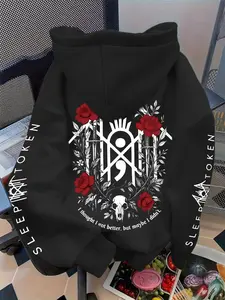 New Men's Hooded Sweatshirt, Rose Print, Floral, Street Metal Style, Artistic Design, Ideal for Music Lovers, Casual Loose Fit, All Seasons