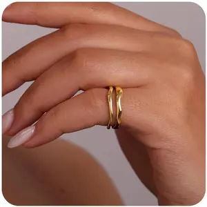 Gold Rings for Women Non Tarnish, Waterproof Chunky 14K Gold Plated Stackable Rings Trendy Statement Pinky Thumb Rings Engagement Eternity Wedding Band Ring Stacking Gold Jewelry Size 3 4 5 6 7 8 9 10 11