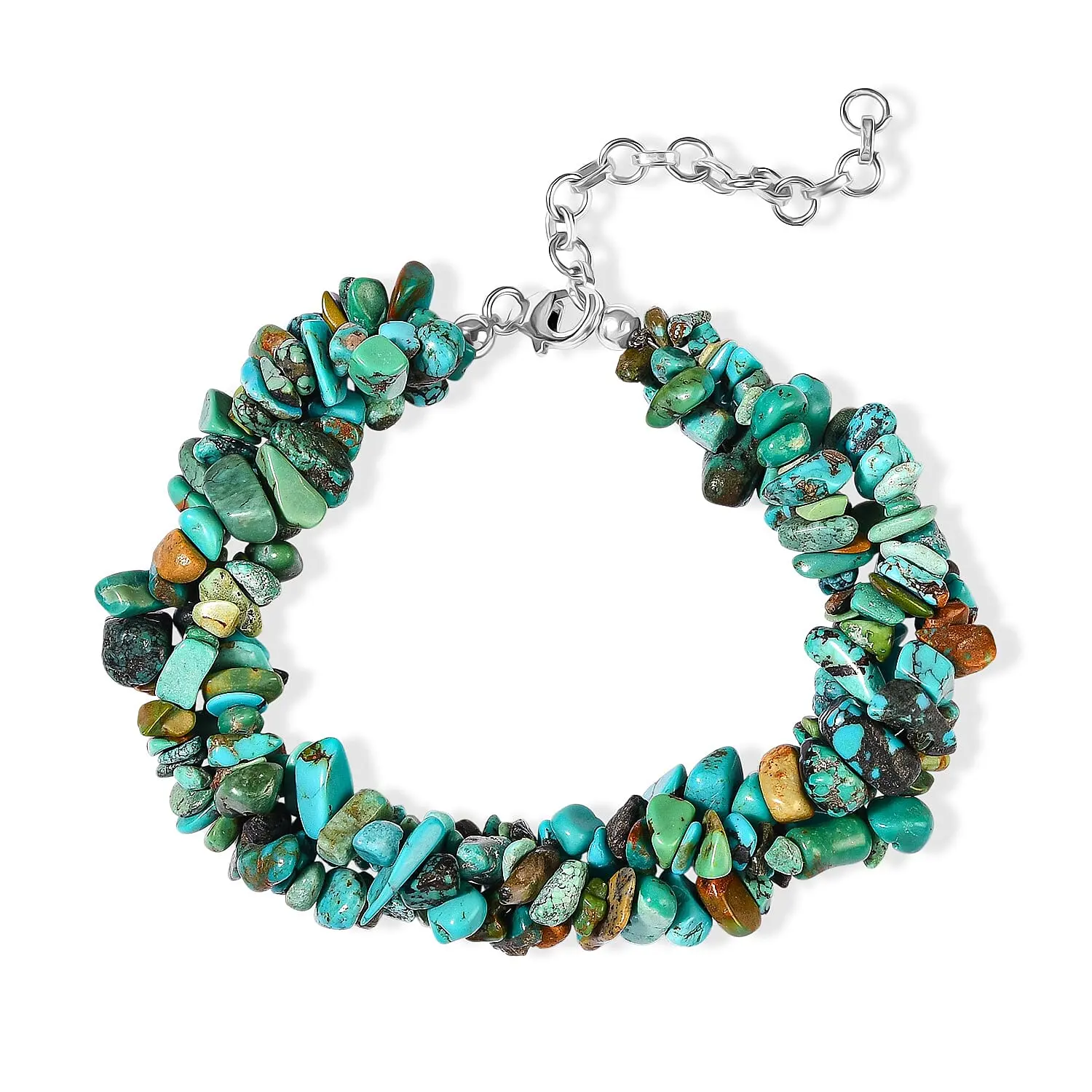 D''Joy Blue Turquoise Chips 85.00 ctw Beaded 3 Row Twisted Bracelet in Rhodium Over Sterling Silver (7.25-9.25In)