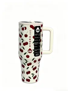 HydroJug 40oz Tumbler - Cute Cherry Print Insulated Stainless Steel  with Cream Handle & Flip Straw, Leak Resistant, Fits  Holders tiktokshopspringglowup Wide Mouth Leakproof Juice Bottles outdoorfun pasta straw water cup
