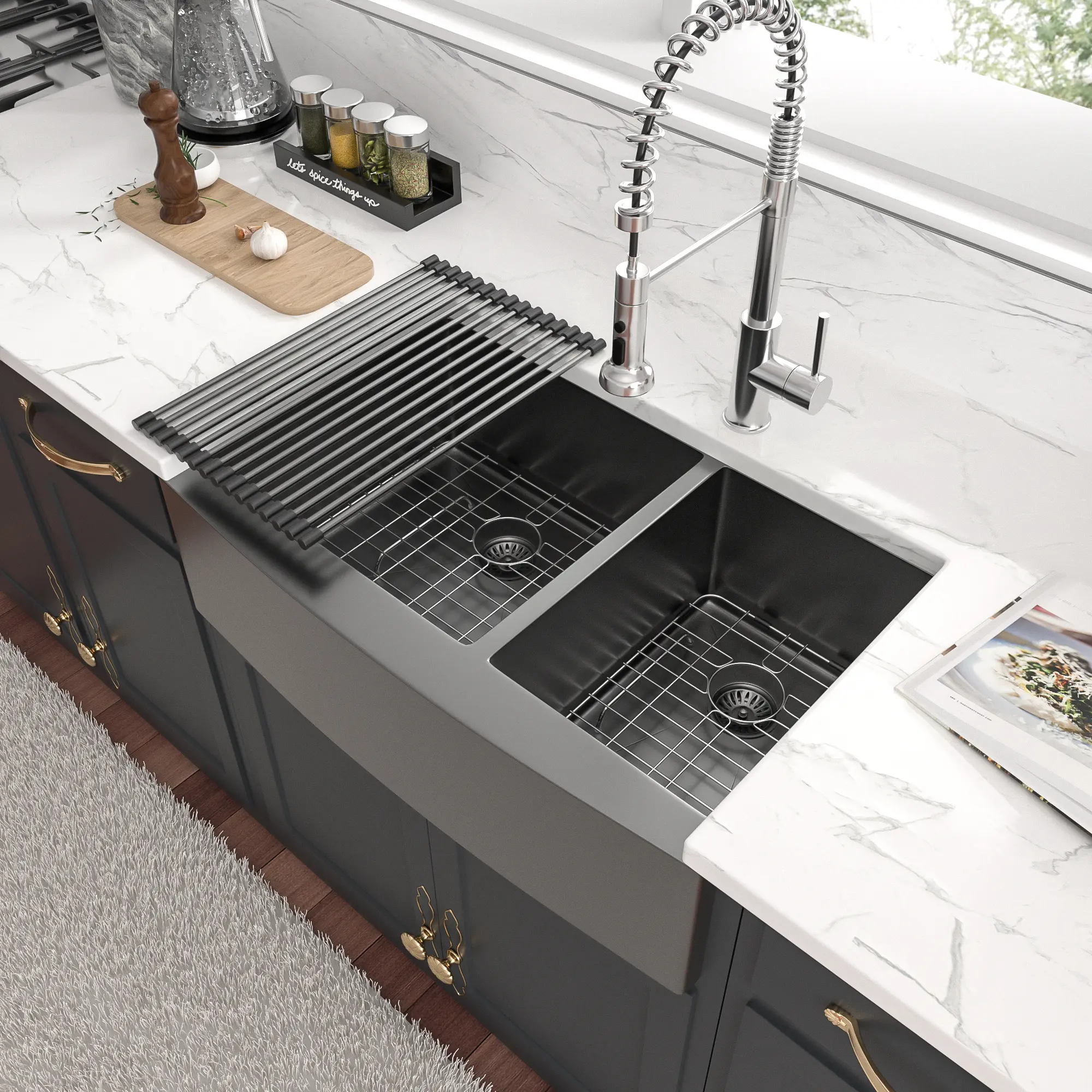 Sarlai 33 x 21 Inch Gunmetal Black Farmhouse Undermount Kitchen Sink 60/40 Double Bowl  Undermount Kitchen Sink 16 Gauge Stainless Steel Sink