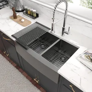Sarlai 33 x 21 Inch Gunmetal Black Farmhouse Undermount Kitchen Sink 60/40 Double Bowl  Undermount Kitchen Sink 16 Gauge Stainless Steel Sink