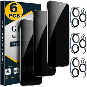 [6 PCS Set] - 3 Privacy Anti Spy Screen Protectors with 3 Camera Lens Protectors for iPhone 17 16 15 14 13 12 11 Pro Max,  Tempered Glass Film, Bubble Free, Case Friendly