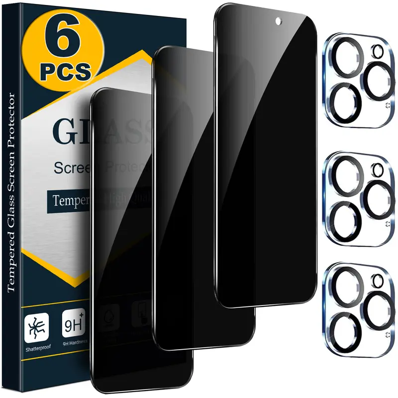 [6 PCS Set] - 3 Privacy Anti Spy Screen Protectors with 3 Camera Lens Protectors For iPhone 18 17 16 15 14 13 12 11 Pro Max Duo Plus Air, Anti Spy 9H Tempered Glass, Anti-Scratch, HD Clear Camera Protection, Case Friendly