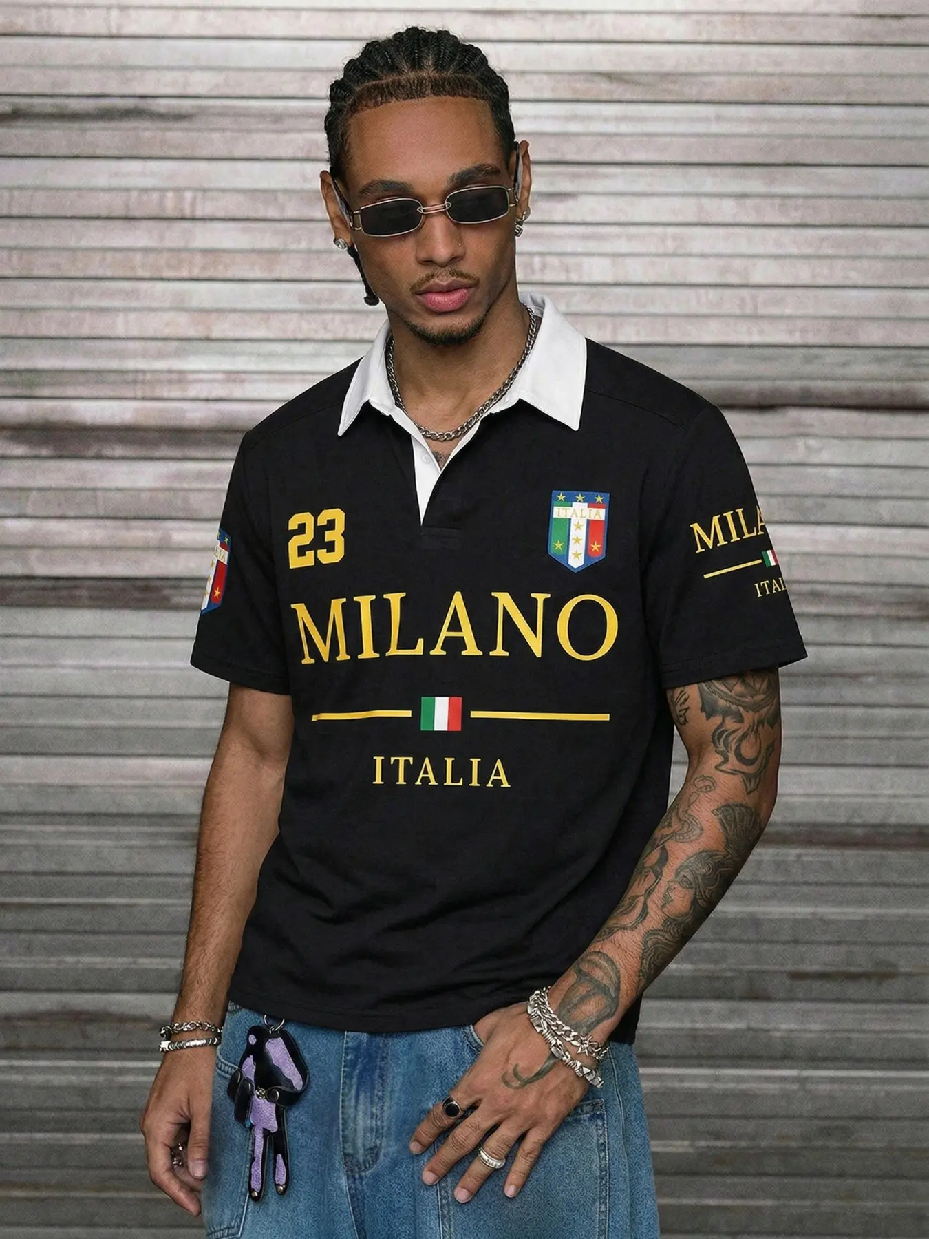 Men's Milan Classic Vintage Colorblock Polo Shirt, 23 Number Badge Design, Italian Football Style Collar Short Sleeve, Streetwear Casual Top
