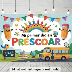 1PC Polyester Reusable 2D Flat Backdrop Banner - Cartoon Print Photo Background, Back to School Preschool First Day Birthday Decoration Prop with School Bus Pencil Rainbow Design for Classroom Use, Banners,summerwins
