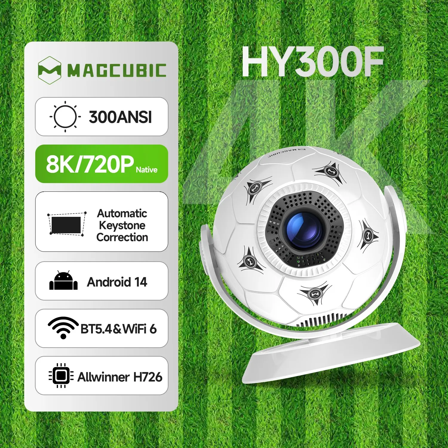 Magcubic 2026 HY300F Projector 300 ANSI Lumens 8K Decode Android 14.0 Auto Keystone Dual WiFi6 BT5.4 Allwinner H726 0.9:1 Throw Ratio Wireless Portable Home Cinema, Audio, The Perfect Football Fan Gift Soccer #TikTokShopBackToSchool