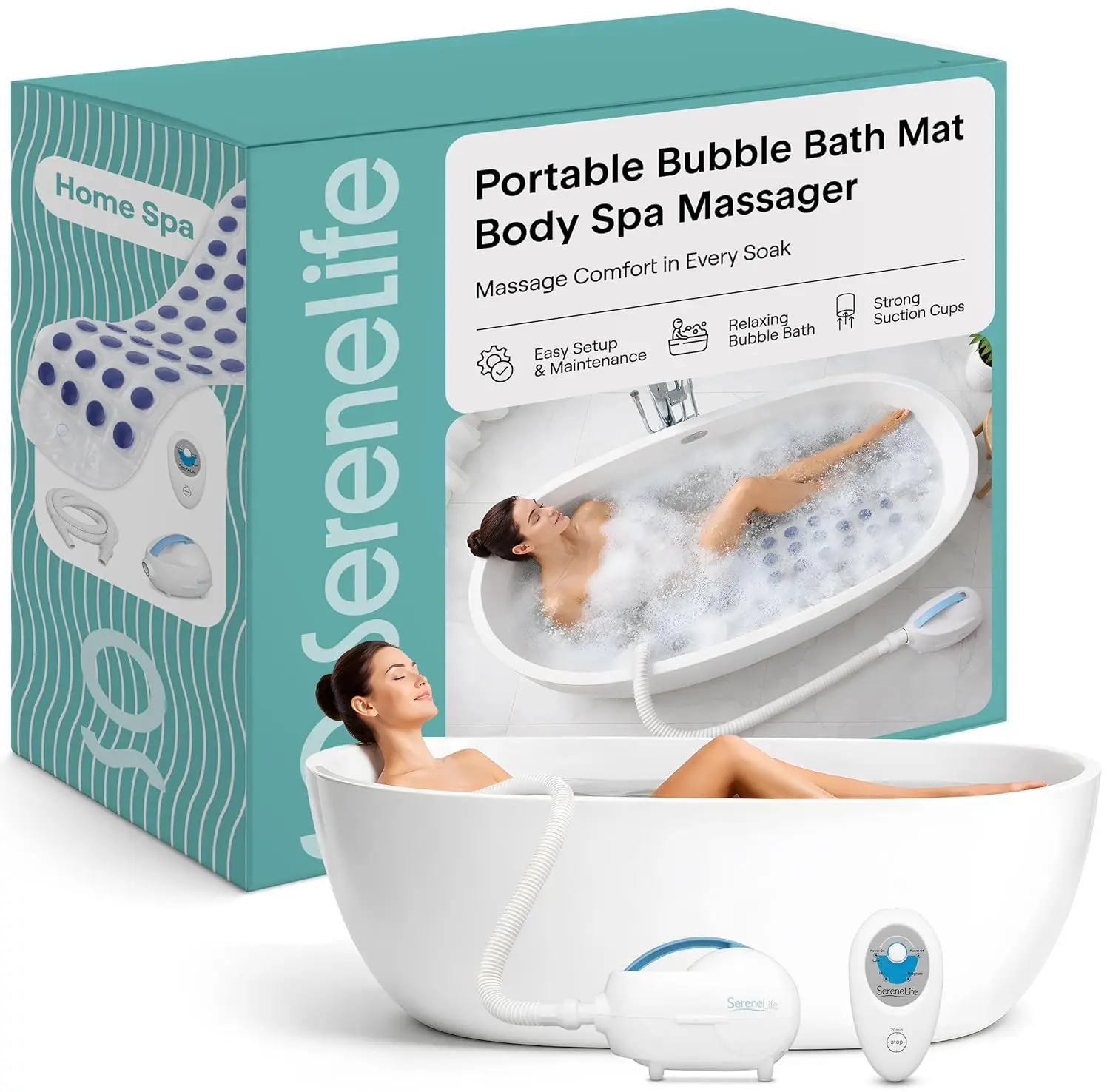 Portable Bubble Bath Mat Body Spa Massager - Waterproof Non-Slip Bubble Bath Mat with Suction Cup Bottom, Motorized Air Pump, And Adjustable Bubble Settings - Remote Control Included