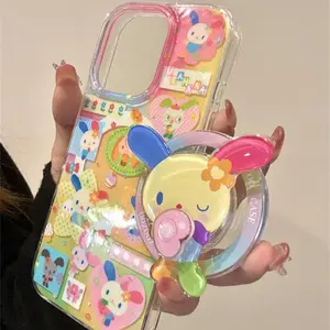 Magnetic color splicing color ear rabbit phone case with rotating magnetic bracket for iPhone 11 12 13 14 15 16 17 pro max
