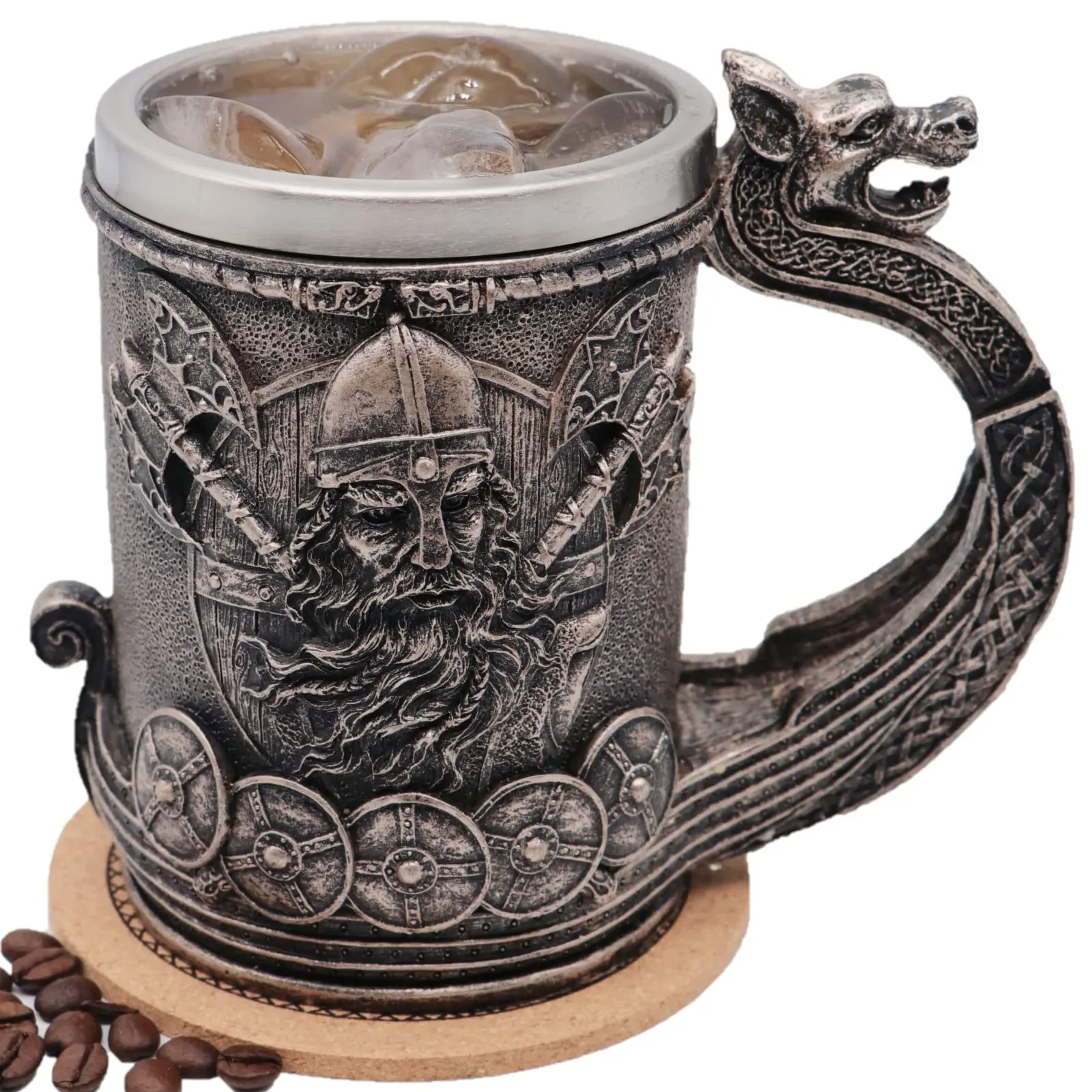 18OZ Medieval Viking Stainless Steel Tankard - Norse Mythology Drakkar Warrior Design, Reuseable Coffee Mug, Men's Father's Day Gift, June Birthstone Washable Kitchenware Drinkware, Reuse