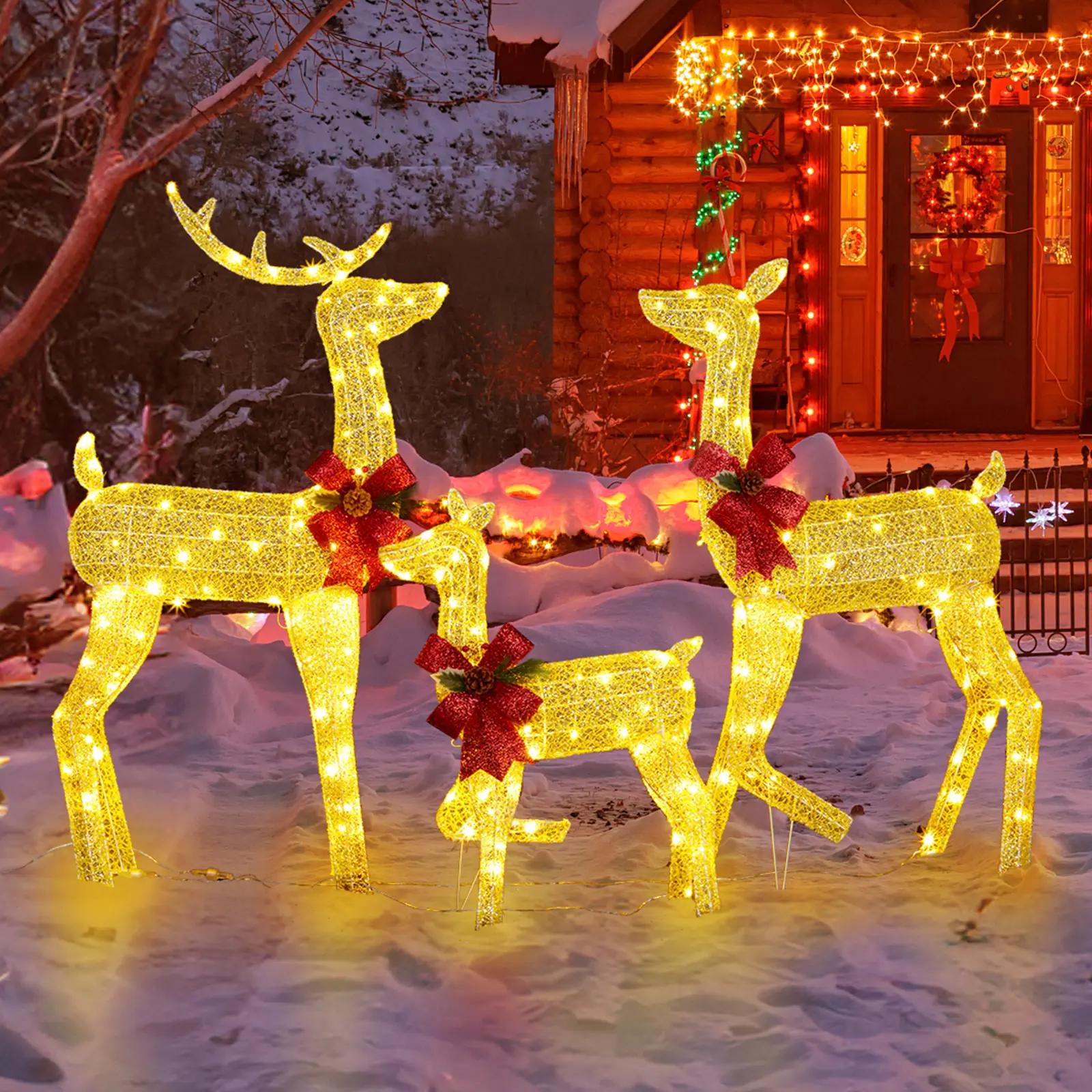 Golden 3-Piece Christmas Reindeer Family Ornament Set, Outdoor Water Proof 2D Home Decor with 200 LED Warm White Lights and Stakes to Light Up Your Space