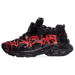 Balenciaga Runner Graffiti Mesh Low-Top Sneakers for Men in Black and Red Breathable Running Shoes Sporty Activewear with Lace-Up Closure and Cushioned Foam Heel