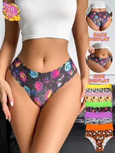 Halloween 10-piece women's underwear set, featuring quirky pumpkin, skull, cat, and ghost prints, along with various solid colors, suitable for the autumn and winter holiday atmosphere and daily wear, ideal for fitness, yoga, and hiking.