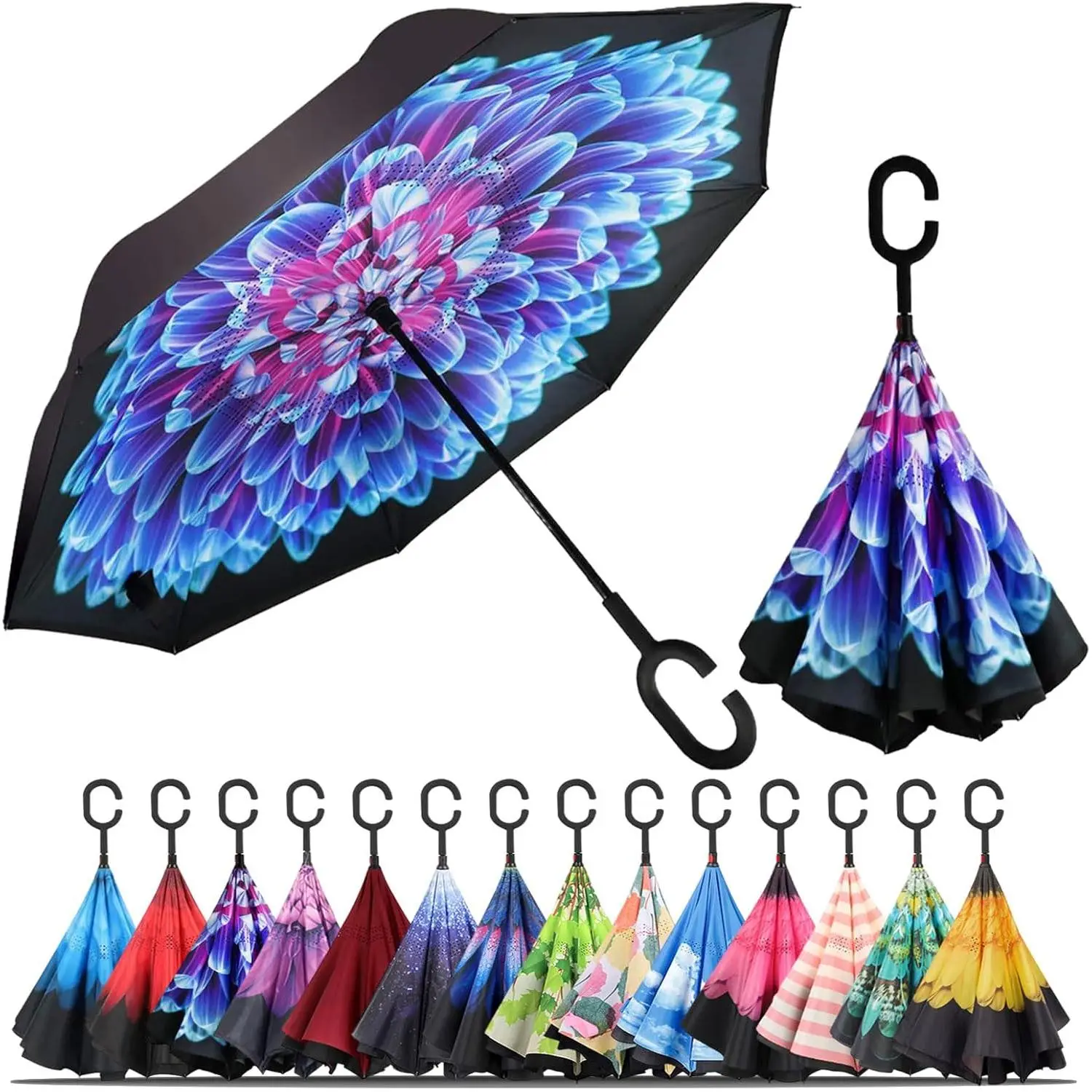 Umbrella,Inverted Reverse Upside Down Umbrellas with C-Shaped Handle, Anti-UV Waterproof Rain Umbrella for Women and Men