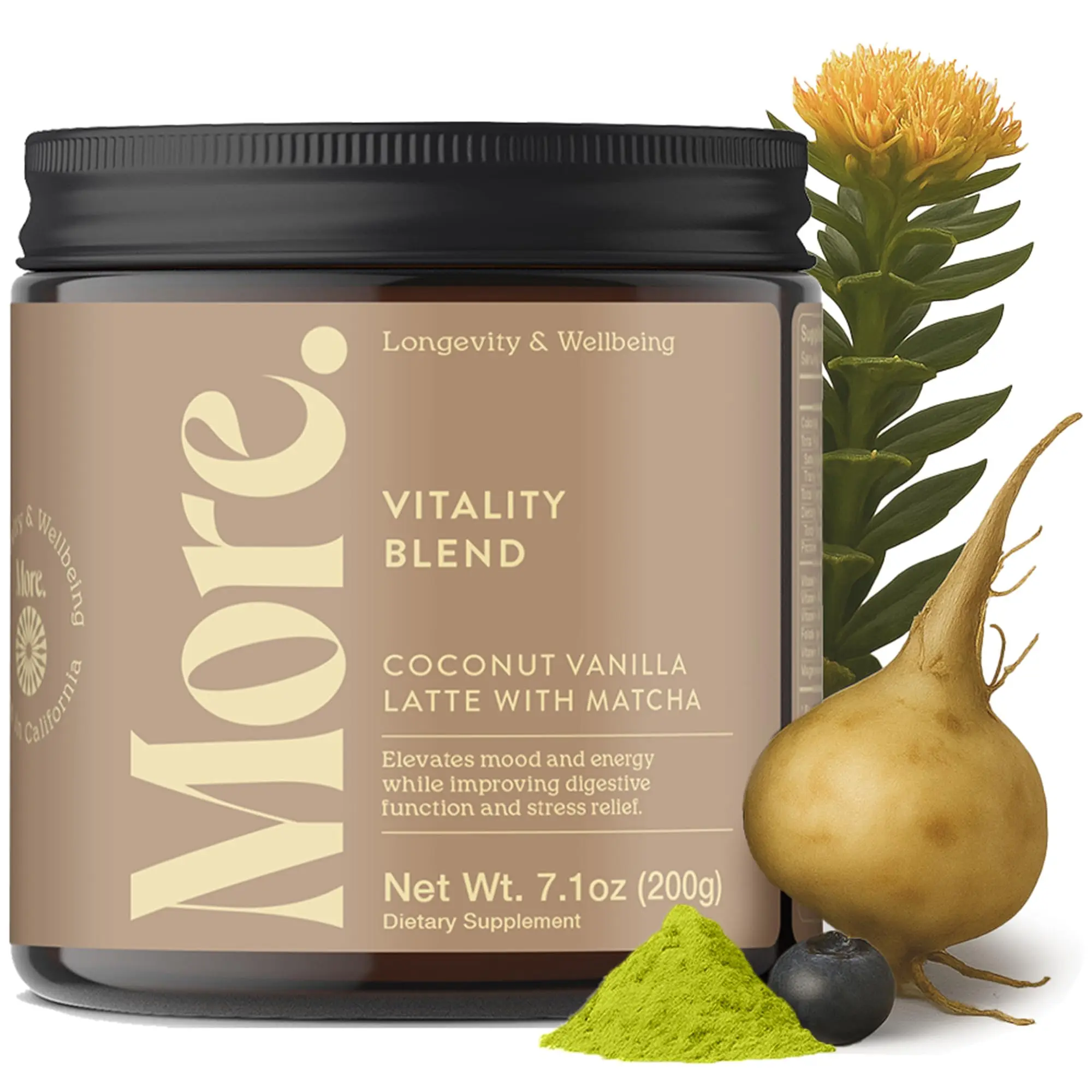 More. Longevity & Wellbeing Vitality Blend Drink Mix – Adaptogens Supplements with Magnesium Glycinate, Maca Root, Matcha, Vitamins & Minerals for Mood, Energy, Digestion – Coconut Vanilla Latte, 200g