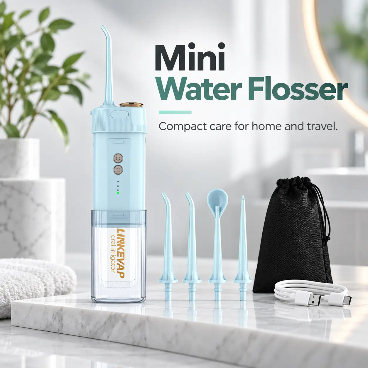 Cordless Water Flosser for Teeth, Mini Portable Oral Irrigator with Retractable 180ml Tank, 3 Cleaning Modes, 4 Nozzles Including Tongue Cleaner, USB Rechargeable Travel Dental Cleaner for Braces and Daily Oral Care