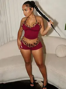 Women's Leopard Patchwork Print Contrast Faux Fur Halter Crop Spaghetti Strap Top & Shorts, Casual Tie Back Sleeveless Top & Shorts for Summer, Ladies Clothes for Beach Holiday Vacation, Womenswear, Cute Clothes Set, Matching Clothing Set