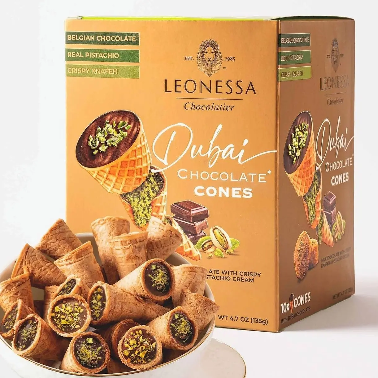 Leonessa Dubai Chocolate Cones with Pistachio Kunafa | Made with Premium Belgian Chocolates | Kunafa Chocolate | Chocolates de Dubai - 4.7 oz