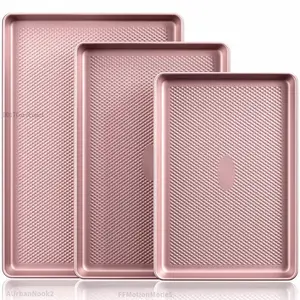 Diamond-Texture Baking Sheet Pan Set, Non-Stick Cookie Sheets, Teflon-Free Heavy Duty Bakeware - 3 Sizes, Baker, Pink Kitchenware CookingAUrbanNook2FFMotionModeDD17CoreComet