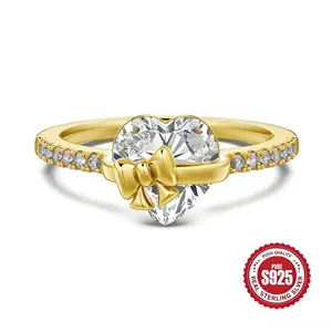 Multi-Size Gold-Plated Heart-Shaped Zircon-Accent Rings with Bowknot Design, Exquisite Gift for Loved Ones