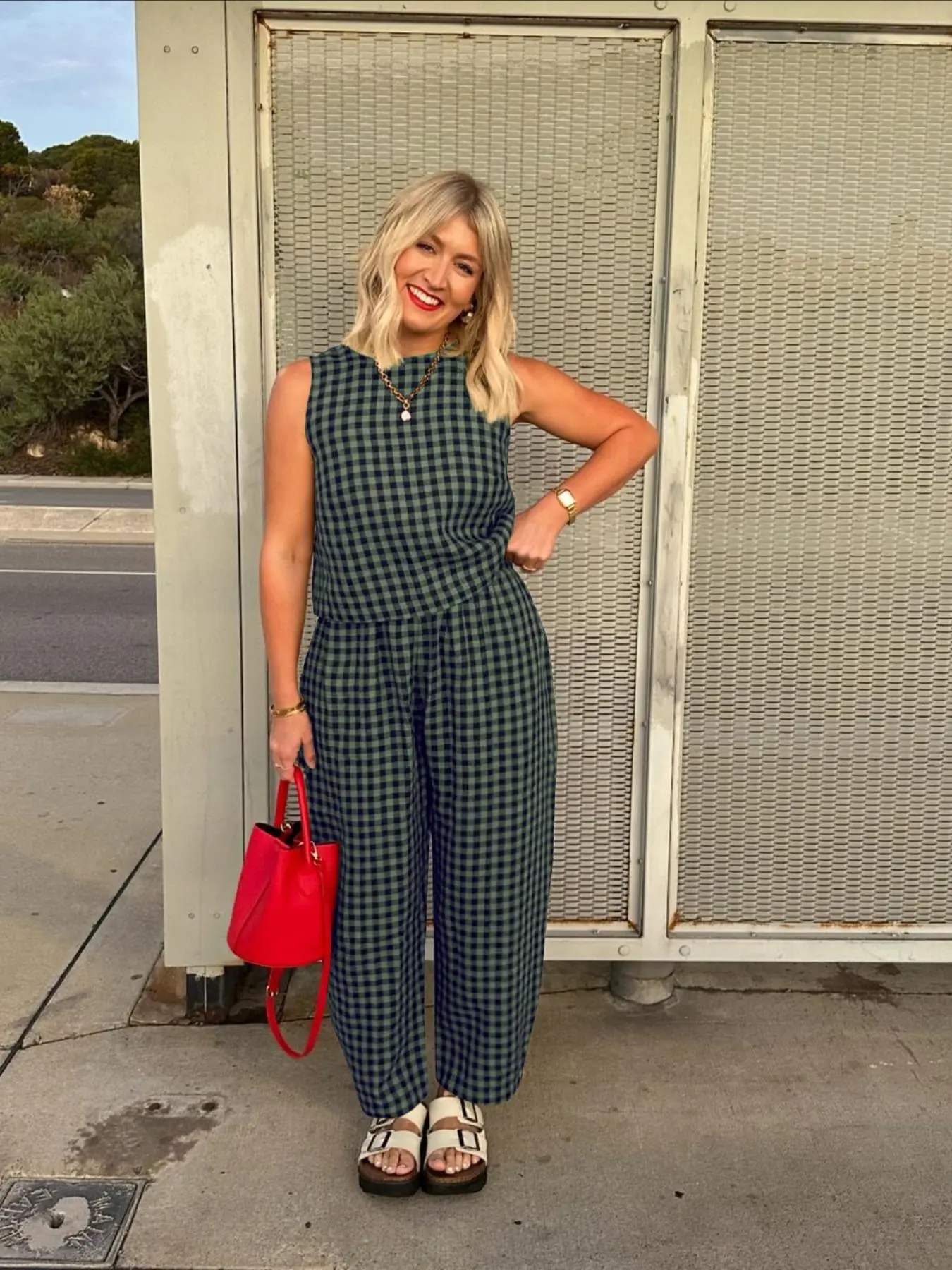 Plus Size Women's Plaid Print Tank Top & Wide-Leg Pants, Casual Two-Piece Set for Summer, Women's Checkered Lounge Set for Daily Wear, Fashion Loungewear Set, Casual Loungewear Outfit