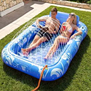 DSQUU XL Inflatable Tanning Pool with Sprinkler 77" x 48" Floats Adult Pillow 6-in-1 Suntan Tub Raft Drink Holder Sunbathing Water Lounge for Tanning Playing Nap, for Adults & Kids, Portable Backyard Summer Fun lounger