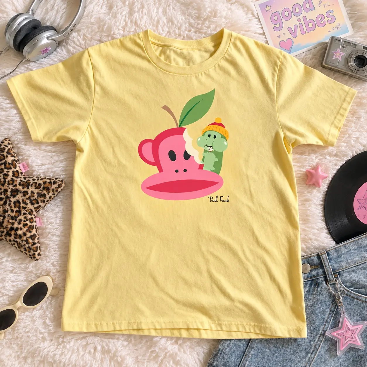 Paul Frank Pink Monkey and Green Character Gildan Reprint Yellow Tee Unisex