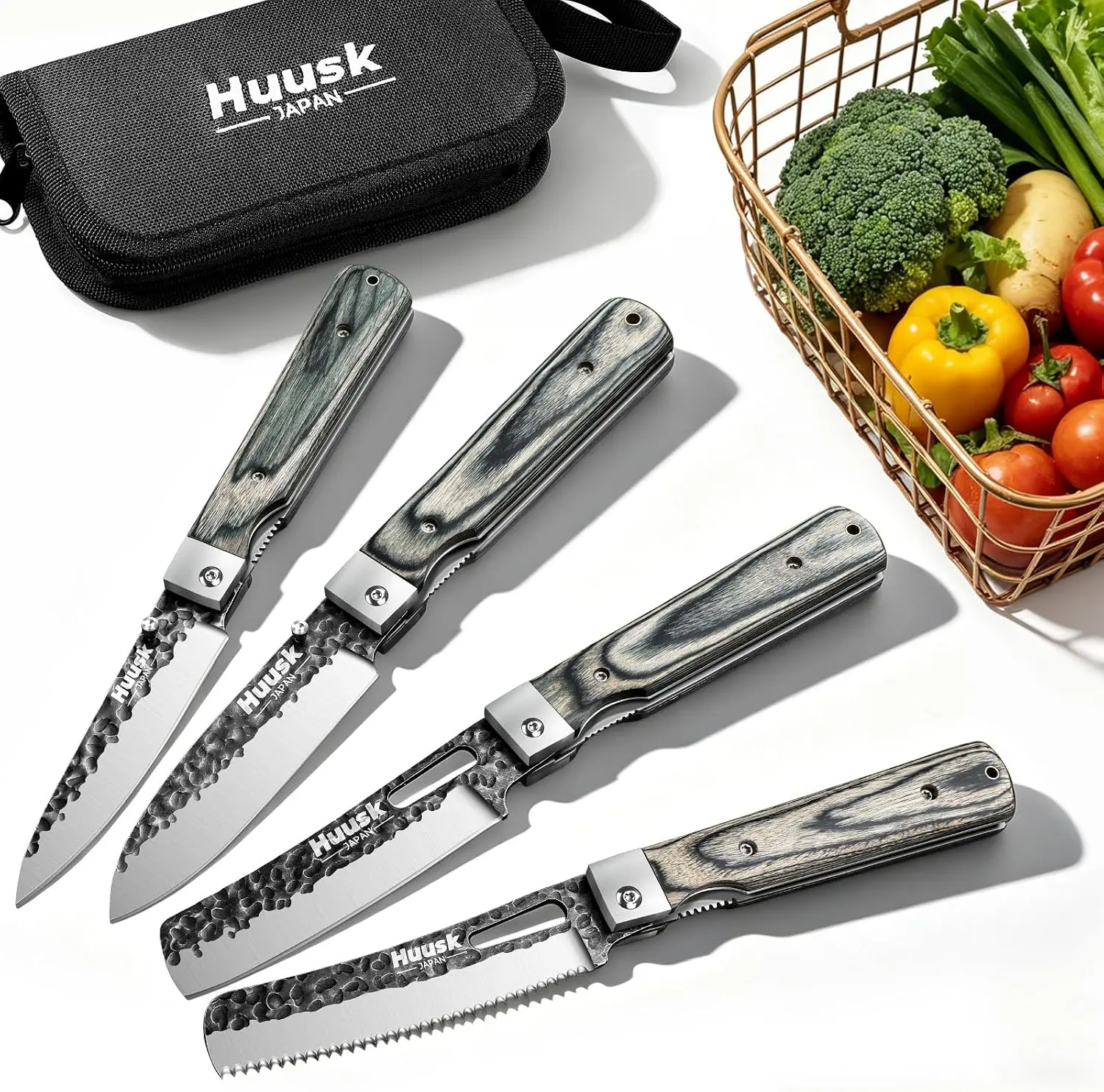 Huusk Folding Kitchen Knife Set - Japanese Style Kitchen Cutlery Set | Including Nakiri, Santoku, Bread and Fruit Knives, Premium Blade, Wooden Handle, Gift Box