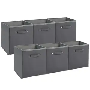6-Pack 11" Gray Fabric Storage Bins, Faux Leather Handles – Foldable Cube Organizer Baskets for Shelves & Closet, Collapsible Storage Boxes for Clothes & Toys